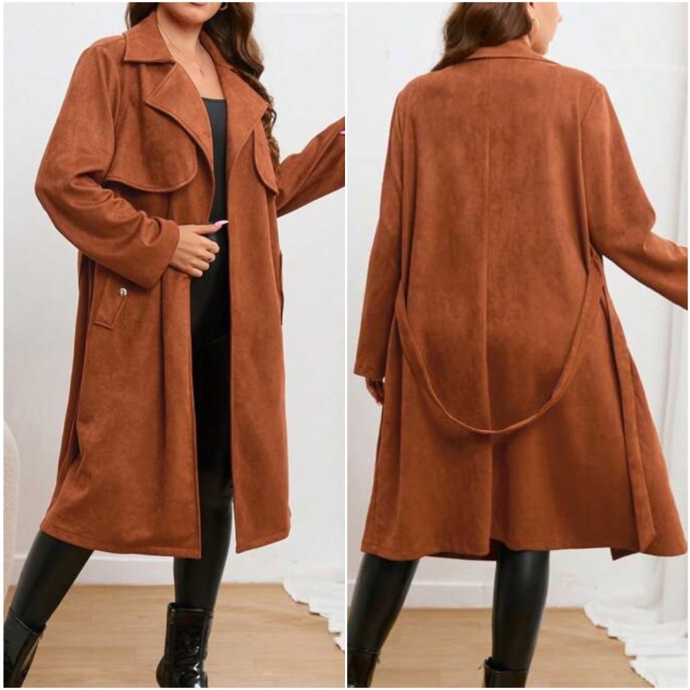 Plus Wide Collar Belted Trench Coat Jacket - Picture 2 of 3